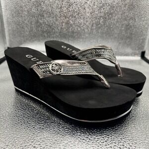 Size 8M Guess Tutu Wedge Sandals Womens Black Silver Excellent Rhinestone Logo